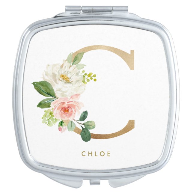 Faux Gold Foil Floral Letter C Monogram Bridesmaid Compact Mirror (Front)