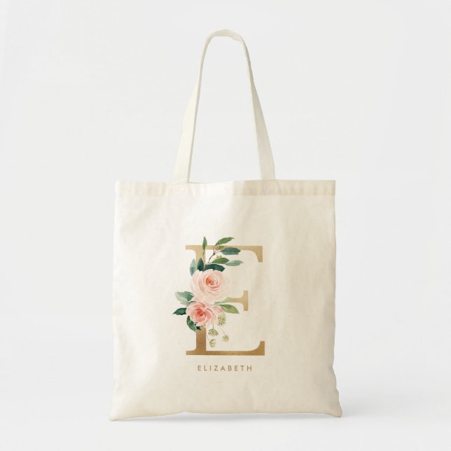 Faux Gold Foil Floral Letter E Monogram Bridesmaid Tote Bag (Front)