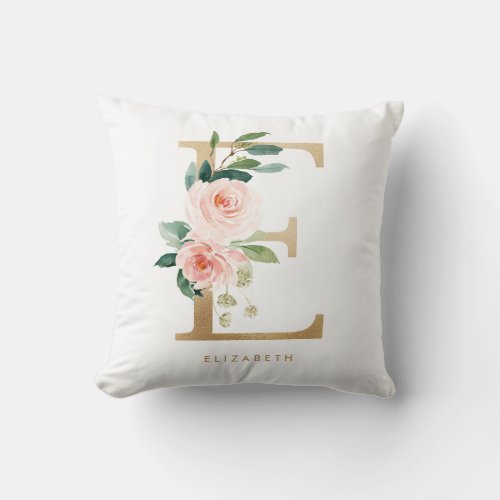 Faux Gold Foil Floral Letter E Monogram Throw Pillow