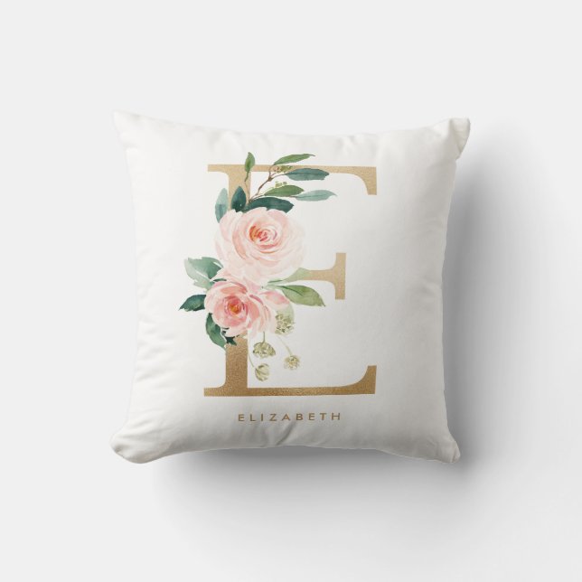 Faux Gold Foil Floral Letter E Monogram Throw Pillow (Front)