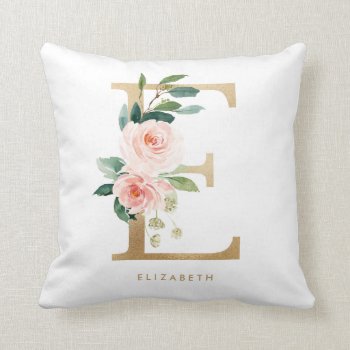 Faux Gold Foil Floral Letter E Monogram Throw Pillow by KeikoPrints at Zazzle