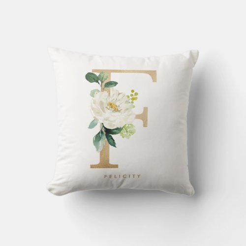 Faux Gold Foil Floral Letter F Monogram Throw Pillow