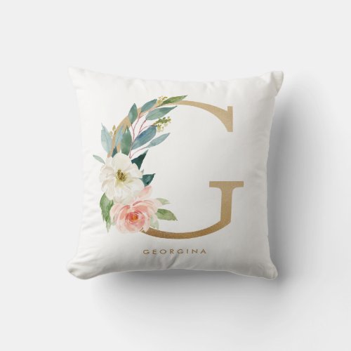 Faux Gold Foil Floral Letter G Monogram Throw Pillow