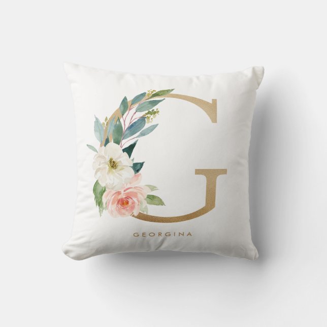 Faux Gold Foil Floral Letter G Monogram Throw Pillow (Front)