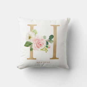 Faux Gold Foil Floral Letter H Monogram Throw Pillow