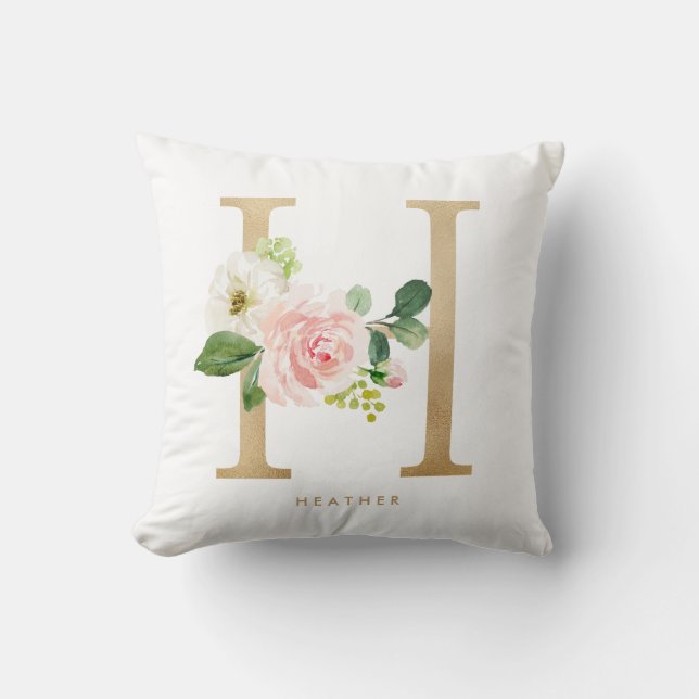 Faux Gold Foil Floral Letter H Monogram Throw Pillow (Front)