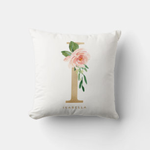 Faux Gold Foil Floral Letter I Monogram Throw Pillow