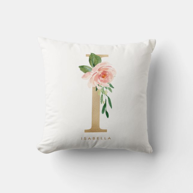 Faux Gold Foil Floral Letter I Monogram Throw Pillow (Front)