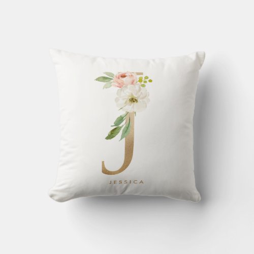 Faux Gold Foil Floral Letter J Monogram Throw Pillow