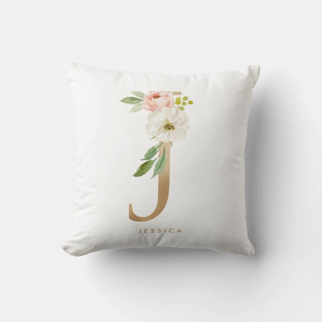 Faux Gold Foil Floral Letter J Monogram Throw Pillow (Front)
