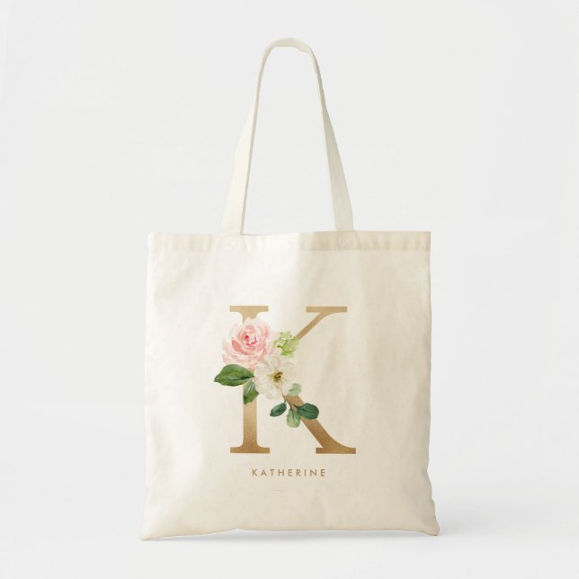 Faux Gold Foil Floral Letter K Monogram Bridesmaid Tote Bag (Front)