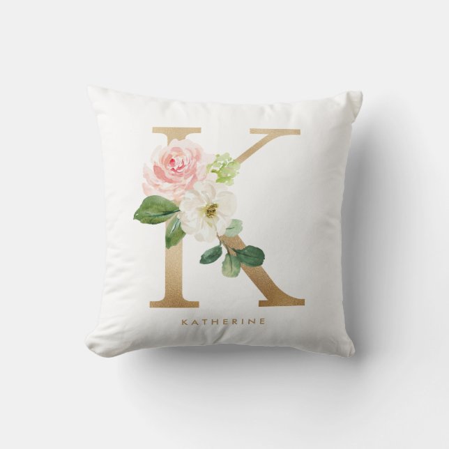 Faux Gold Foil Floral Letter K Monogram Throw Pillow (Front)
