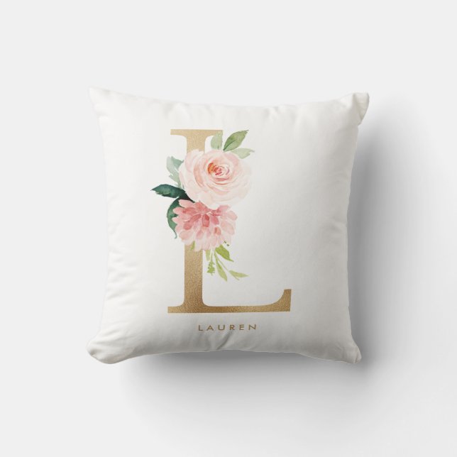 Faux Gold Foil Floral Letter L Monogram Throw Pillow (Front)