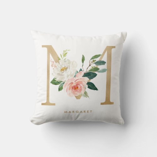 Faux Gold Foil Floral Letter M Monogram Nursery Throw Pillow