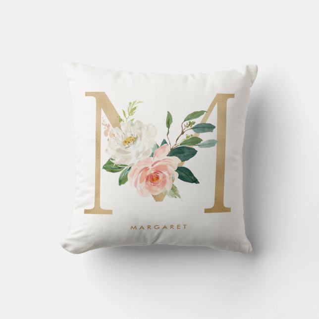 Faux Gold Foil Floral Letter M Monogram Nursery Throw Pillow (Front)