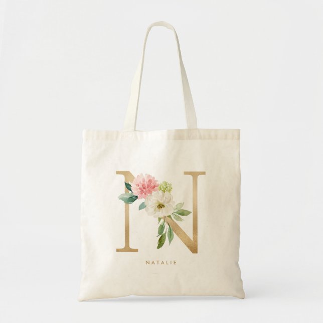 Faux Gold Foil Floral Letter N Monogram Bridesmaid Tote Bag (Front)