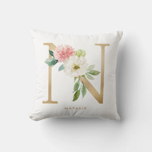 Faux Gold Foil Floral Letter N Monogram Throw Pillow