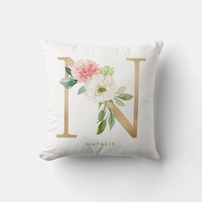 Faux Gold Foil Floral Letter N Monogram Throw Pillow (Front)