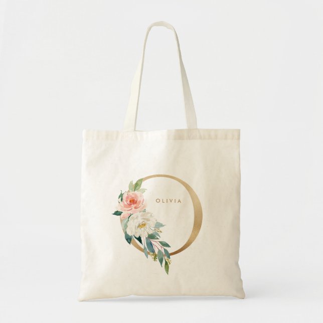 Faux Gold Foil Floral Letter O Monogram Bridesmaid Tote Bag (Front)