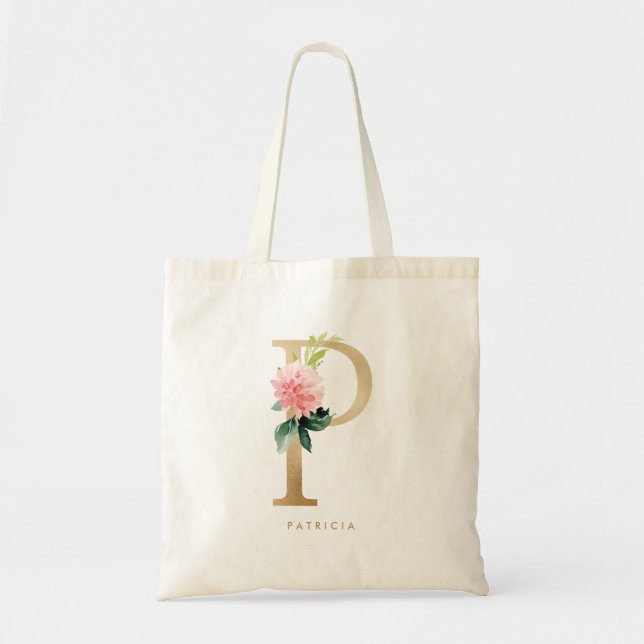 Faux Gold Foil Floral Letter P Monogram Bridesmaid Tote Bag (Front)