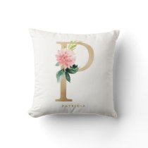 Faux Gold Foil Floral Letter P Monogram Nursery Throw Pillow