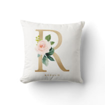 Faux Gold Foil Floral Letter R Monogram Nursery Throw Pillow