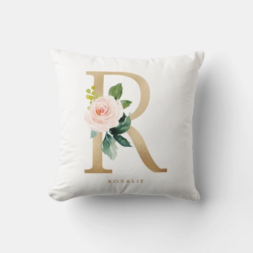 Faux Gold Foil Floral Letter R Monogram Nursery Throw Pillow