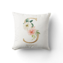 Faux Gold Foil Floral Letter S Monogram Nursery Throw Pillow