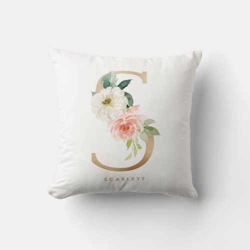 Faux Gold Foil Floral Letter S Monogram Nursery Throw Pillow