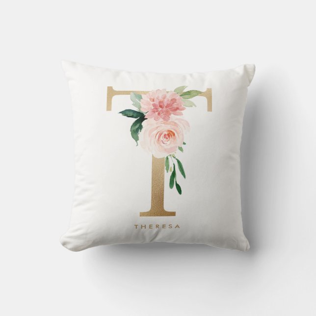 Faux Gold Foil Floral Letter T Monogram Nursery Throw Pillow (Front)