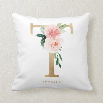 Faux Gold Foil Floral Letter T Monogram Nursery Throw Pillow by KeikoPrints at Zazzle