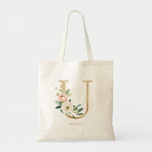 Faux Gold Foil Floral Letter U Monogram Bridesmaid Tote Bag