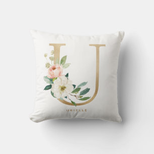 Faux Gold Foil Floral Letter U Monogram Throw Pillow