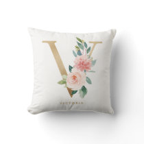 Faux Gold Foil Floral Letter V Monogram Nursery Throw Pillow