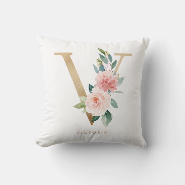 Faux Gold Foil Floral Letter V Monogram Nursery Throw Pillow (Front)
