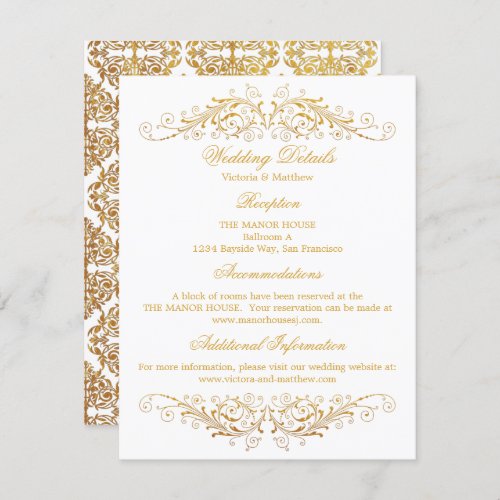 Faux Gold Foil Flourish Damask Wedding Details Invitation