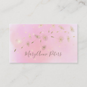 faux gold foil flying dandelions on pink splash business card