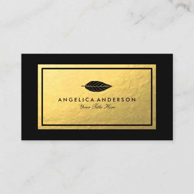 Faux Gold Foil Frame Black Leaf Business Card (Front)