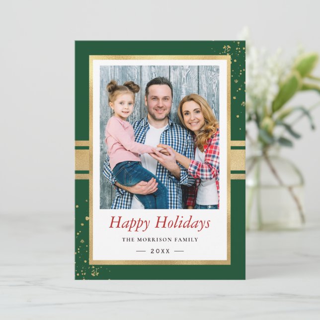 Faux Gold Foil Frame Happy Holidays Photo Holiday Card (Standing Front)