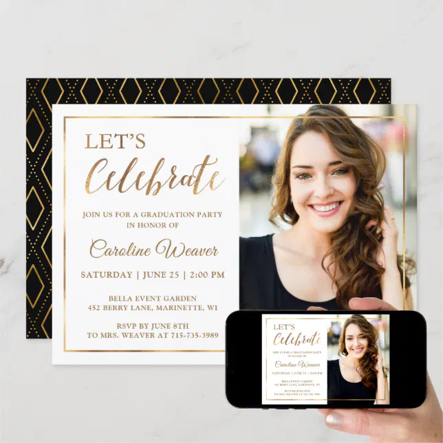 Faux Gold Foil Frame Modern Photo Graduation Party Invitation | Zazzle