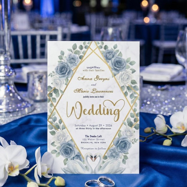 Faux Gold Foil Geometric Marble Blue Floral Invitation (Creator Uploaded)