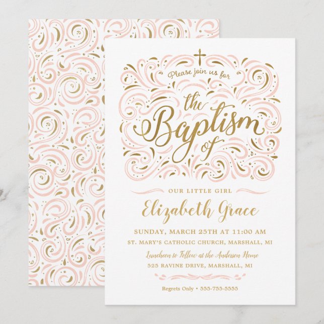 Faux Gold Foil Girl Baptism Invitation (Front/Back)