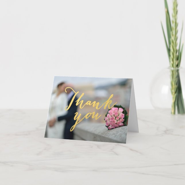 Faux Gold Foil Glamor Wedding Photo Thank You Card (Front)