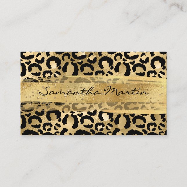 Faux Gold Foil Glitter Brush Stroke Leopard Business Card (Front)