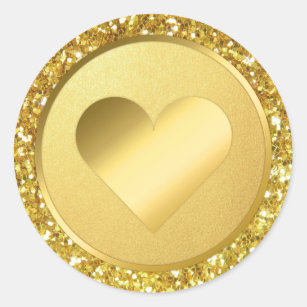 Faux Gold Foil Glitter Heart Wedding Envelope Classic Round Sticker