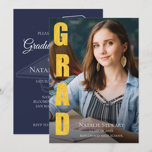 Faux Gold Foil GRAD Photo Class of 2026 Graduation Invitation (Front/Back)