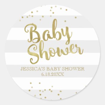 Faux Gold Foil Gray Stripes Baby Shower Favor Classic Round Sticker by weddingsnwhimsy at Zazzle