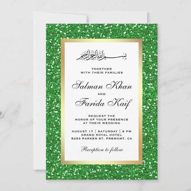 Faux Gold Foil Green Glitter Islamic Wedding Invitation (Front)