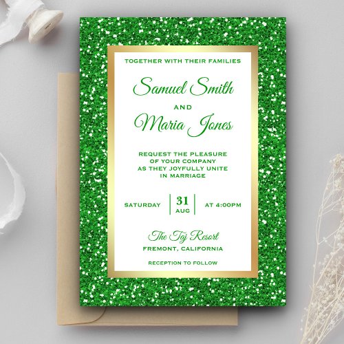 Faux Gold Foil Green Glitter Wedding Invitation