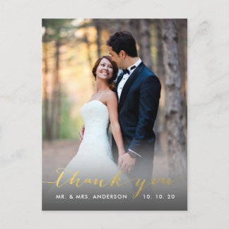Faux Gold Foil Handwriting Wedding Thank You Postcard